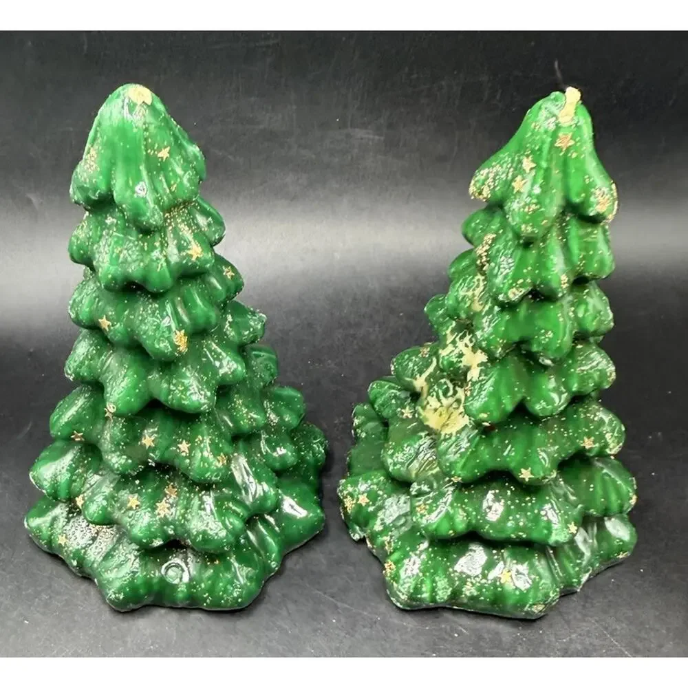 VTG Gurley 2 Green Christmas Tree Candles Gold Stars Holiday Decor 8